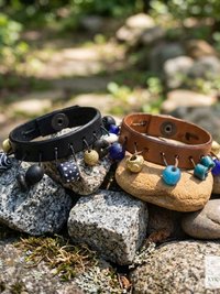 Artisan Leather & Glass Bead Slim Cuff - Handcrafted Boho Jewelry