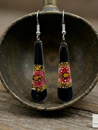 Handcrafted Black Fused Dichroic Glass Earrings - Boho Teardrop Dangle Earrings