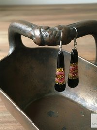 Handcrafted Black Fused Dichroic Glass Earrings - Boho Teardrop Dangle Earrings