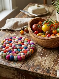 Colorful Wool Felt Ball Trivet, Boho Kitchen Hot Pad, Handwoven Table Pot Holder