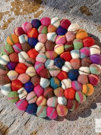 Colorful Wool Felt Ball Trivet, Boho Kitchen Hot Pad, Handwoven Table Pot Holder