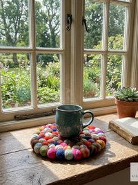 Colorful Wool Felt Ball Trivet, Boho Kitchen Hot Pad, Handwoven Table Pot Holder