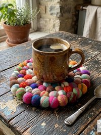 Colorful Wool Felt Ball Trivet, Boho Kitchen Hot Pad, Handwoven Table Pot Holder