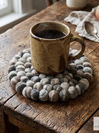 Mixed Gray Wool Felt Ball Trivet, Boho Kitchen Hot Pad, Coaster Table Pot Holder