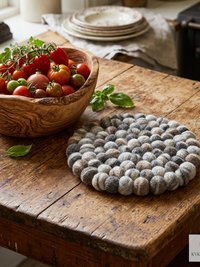 Mixed Gray Wool Felt Ball Trivet, Boho Kitchen Hot Pad, Coaster Table Pot Holder
