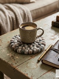 Mixed Gray Wool Felt Ball Trivet, Boho Kitchen Hot Pad, Coaster Table Pot Holder