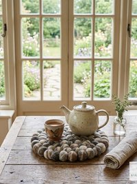 Mixed Gray Wool Felt Ball Trivet, Boho Kitchen Hot Pad, Coaster Table Pot Holder