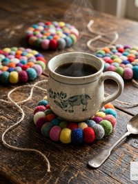 Colorful Wool Felt Ball Coaster Set, Handmade Drink Mug Rug, Eco Cup Mat