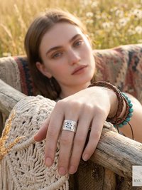 Silver-Plated Brass Cat Tree Face Ring – Rustic Boho Adjustable Statement Jewelry