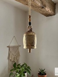 Handmade Etched Copper Bell with Jute Cord: Artisan-made Boho Wall Hanging
