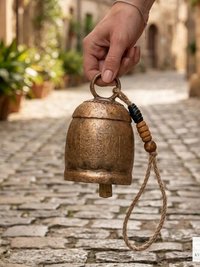 Handmade Etched Copper Bell with Jute Cord: Artisan-made Boho Wall Hanging