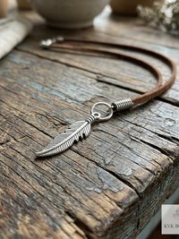 Brown Suede Lariat Feather Necklace - Adjustable Length Long Cord Jewelry