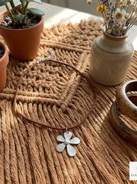 Silver Boho Flower Choker Necklace, Brown Suede Botanical Pendant