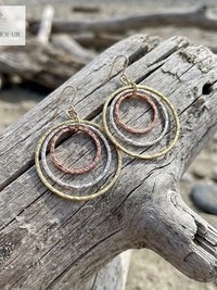 Mixed Metal Dangle Earrings - Hammered Tri Color Nested Hoops, Three Tone Circle Drops