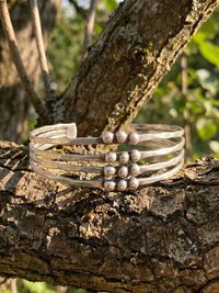 Hammered Silver Beaded Cuff Bracelet: Handcrafted Boho Jewelry