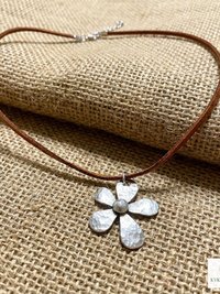 Silver Boho Flower Choker Necklace, Brown Suede Botanical Pendant