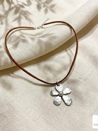 Silver Boho Flower Choker Necklace, Brown Suede Botanical Pendant
