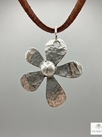 Silver Boho Flower Choker Necklace, Brown Suede Botanical Pendant
