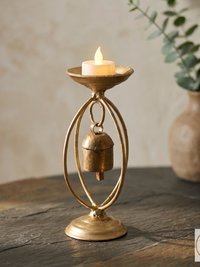 Zen Bell Votive Candle Holder - Artisan Metal Chime Altar Display Stand, 6.5 Inch