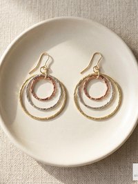 Mixed Metal Dangle Earrings - Hammered Tri Color Nested Hoops, Three Tone Circle Drops