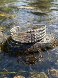 Hammered Silver Beaded Cuff Bracelet: Handcrafted Boho Jewelry