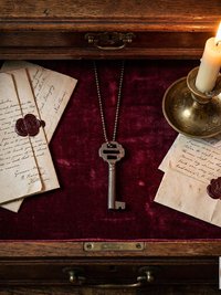 Antique Iron Skeleton Key Necklace OPHELIA, Two-Bladed Trunk Lock Pendant, Brass Ball