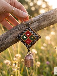 Boho Shisha Mirror Embroidery Bell Keychain - Artisan Indian Recycled Chime