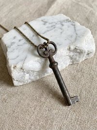 Antique Skeleton Key Necklace FLORA, Iron Trunk Pendant, Brass Ball Jewelry