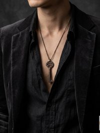 Antique Iron Skeleton Key Necklace OPHELIA, Two-Bladed Trunk Lock Pendant, Brass Ball