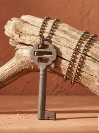 Antique Iron Skeleton Key Necklace OPHELIA, Two-Bladed Trunk Lock Pendant, Brass Ball