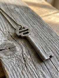 Antique Iron Skeleton Key Necklace OPHELIA, Two-Bladed Trunk Lock Pendant, Brass Ball