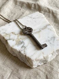 Antique Iron Skeleton Key Necklace OPHELIA, Two-Bladed Trunk Lock Pendant, Brass Ball
