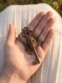 Gothic Skull Key Necklace - Antique Bronze Boho Pendant Chain