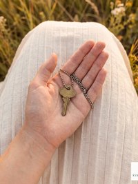 Antique Brass Key Necklace, 1920s Repurposed Pendant, Gunmetal Ball Jewelry