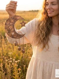 Crescent Moon and Stars with Hanging Bells Windchime - Artisan Metal Garden Decor Brass Bells