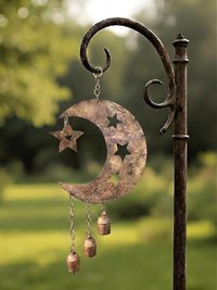 Crescent Moon and Stars with Hanging Bells Windchime - Artisan Metal Garden Decor Brass Bells
