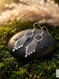 Sterling Silver Fringe Paddle Earrings, Handcrafted Boho Dangles, Unique Metallic Statement Drops