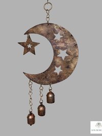 Crescent Moon and Stars with Hanging Bells Windchime - Artisan Metal Garden Decor Brass Bells