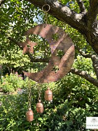 Crescent Moon and Stars with Hanging Bells Windchime - Artisan Metal Garden Decor Brass Bells