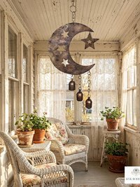 Crescent Moon and Stars with Hanging Bells Windchime - Artisan Metal Garden Decor Brass Bells