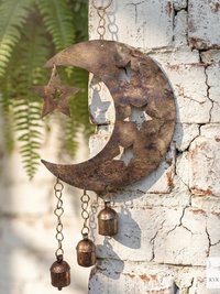 Crescent Moon and Stars with Hanging Bells Windchime - Artisan Metal Garden Decor Brass Bells