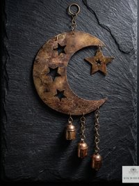 Crescent Moon and Stars with Hanging Bells Windchime - Artisan Metal Garden Decor Brass Bells