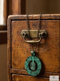 Brass Patina Circle Necklace, Boho Verdigris Pendant, Tribal Green Bronze Statement