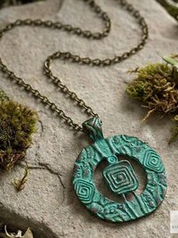 Brass Patina Circle Necklace, Boho Verdigris Pendant, Tribal Green Bronze Statement