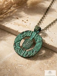 Brass Patina Circle Necklace, Boho Verdigris Pendant, Tribal Green Bronze Statement