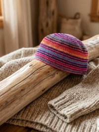Pink Stripe Kufi Skull Cap - Crocheted Beanie Hat, Ethically sourced