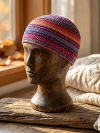 Pink Stripe Kufi Skull Cap - Crocheted Beanie Hat, Ethically sourced