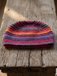 Pink Stripe Kufi Skull Cap - Crocheted Beanie Hat, Ethically sourced