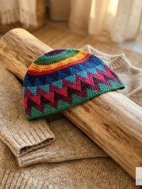 Rainbow Kufi Skull Cap - Crocheted Beanie Hat, Ethically sourced