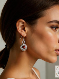 Oxidized Round Hammered Earrings With Garnet